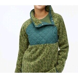 J.Crew Quilted Fleece Pullover Womens Small Green Leopard Snap Neck FA21